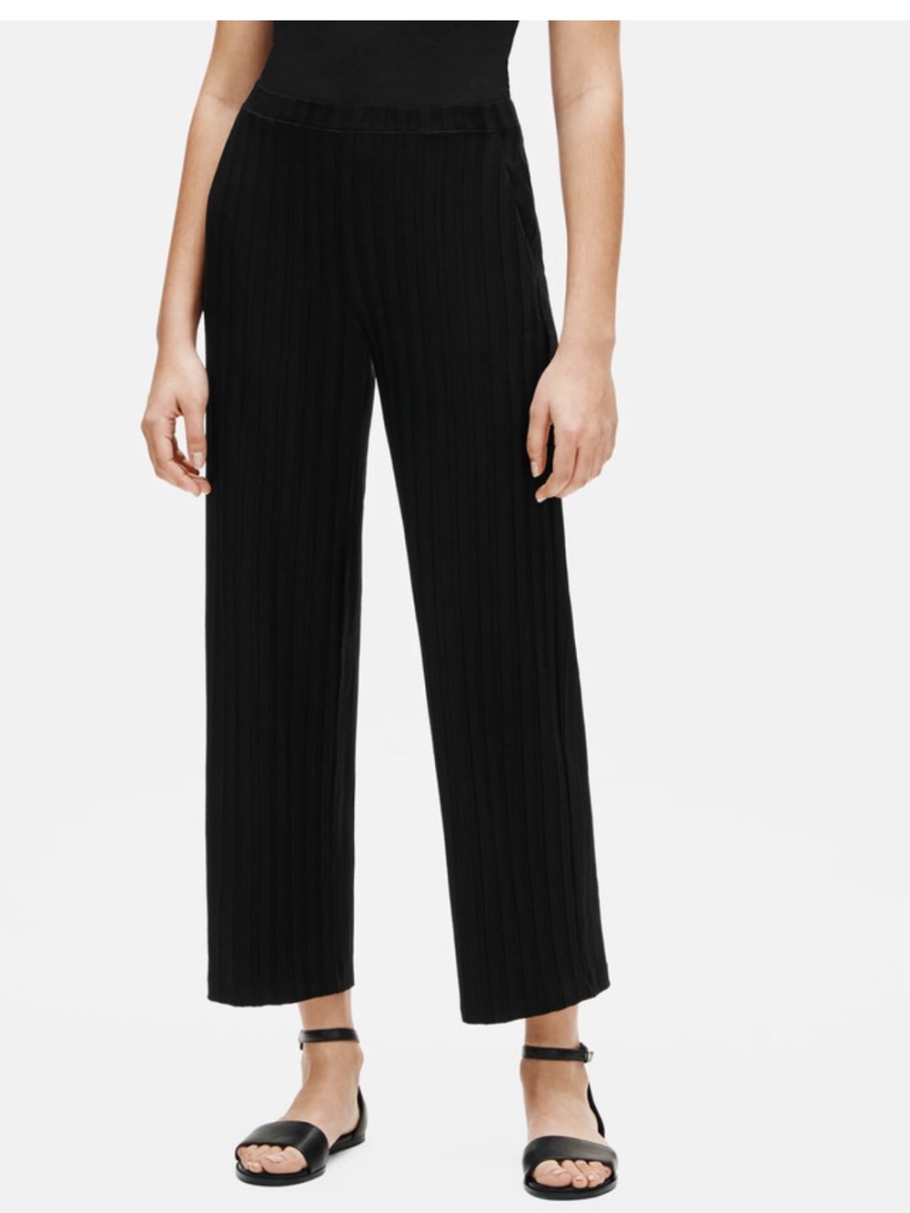 Eileen Fisher Black Tencel Blend Wide Rib Elastic Waist Pull On Pants Sz. S